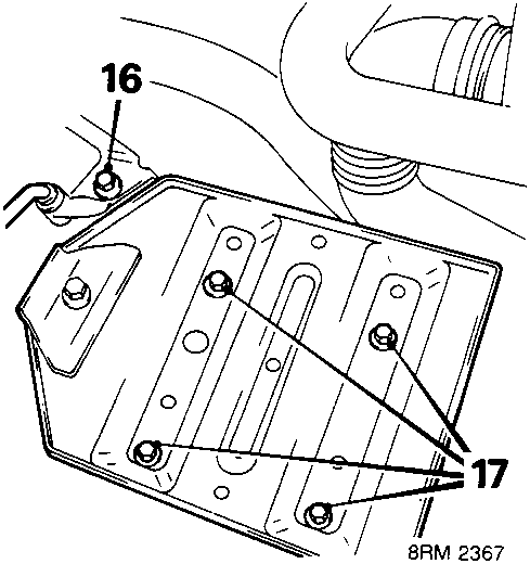 Battery tray secured to body with callout numbers 16 and 17