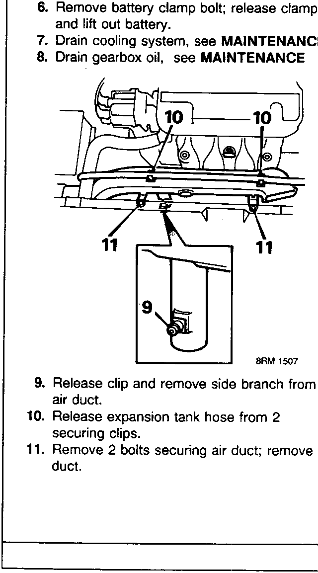 Engine air duct and expansion tank hose area with callout numbers 9, 10, and 11