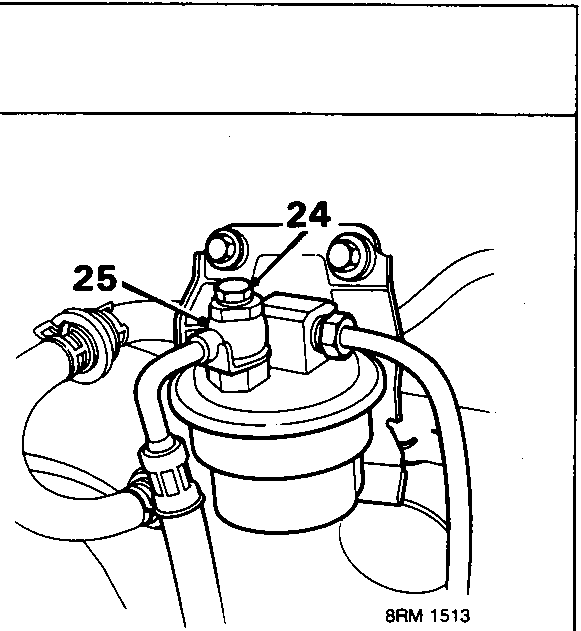 Diagram showing sealing bolt labeled 24, banjo bolt labeled 25, and fuel outlet pipe connections