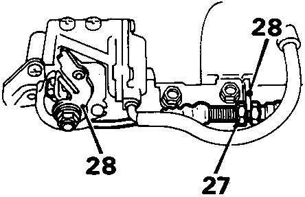 Diagram showing throttle cable lock nut labeled 27 and throttle cable disconnected from bracket and linkage labeled 28