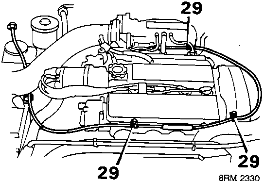 Diagram showing throttle cable released from 3 retaining clips labeled 29