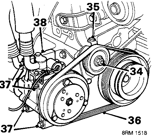 Diagram showing air conditioning compressor, tensioner pulley, and drive belt arrangement