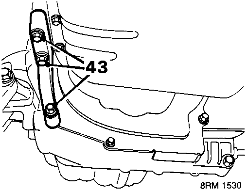 Diagram showing anti-beaming bracket (43) attached to engine and gearbox