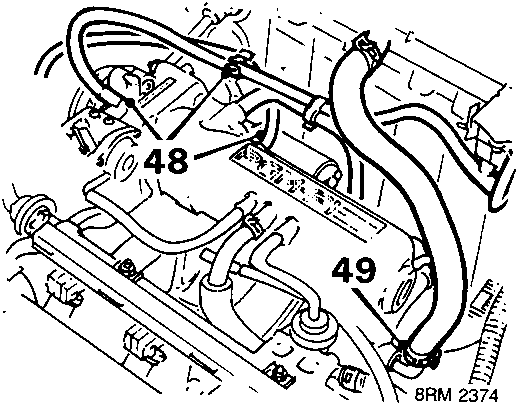 Diagram showing air conditioning pipe (48) and brake servo vacuum hose (49) on the engine