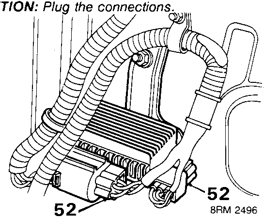 Diagram showing engine harness multiplugs (52) and retaining brackets