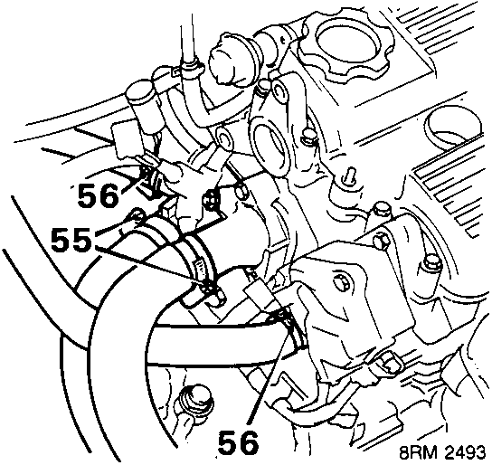 Diagram showing coolant hoses and clips numbered 55 and 56 on the engine