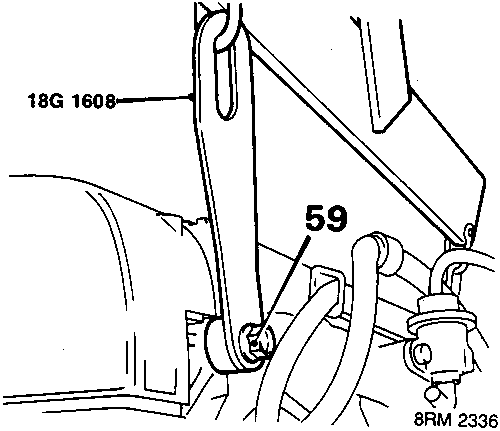 Diagram showing lifting bracket tool 18G 1608 fitted to cylinder head with spacer and bolt 59