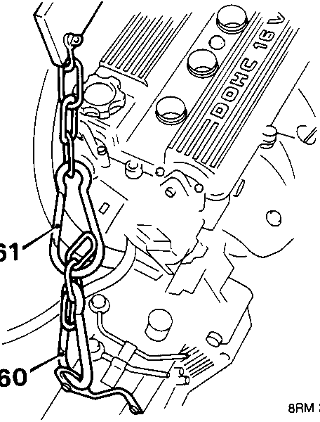 Diagram showing lifting chains 60 and 61 attached to engine lift tilt adapter and gearbox lift point