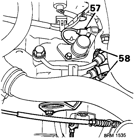 Diagram showing lock-up control solenoid valve multiplug 57 and oil cooler hoses 58