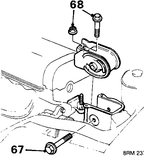 Diagram showing removal of through bolt (67) for L.H. engine mounting and bolt/nut (68) for L.H. mounting bracket.
