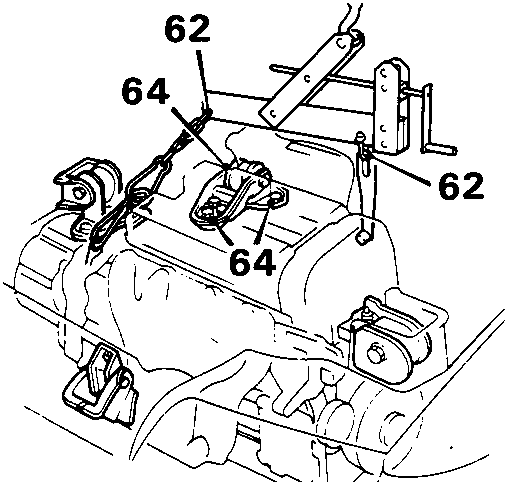 Diagram showing engine lift tilt adapter (62) attached to lifting chains and bracket, with rear mounting bracket (64) indicated.