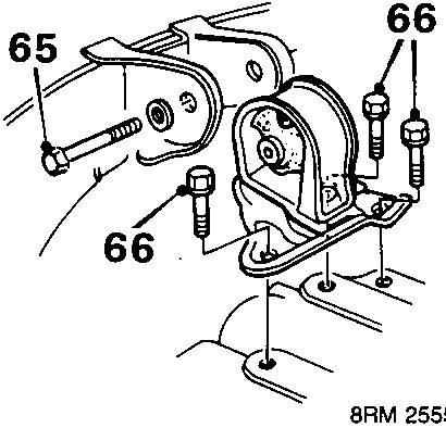Diagram showing removal of through bolt (65) for R.H. mounting and 3 bolts (66) for R.H. mounting plate to gearbox.