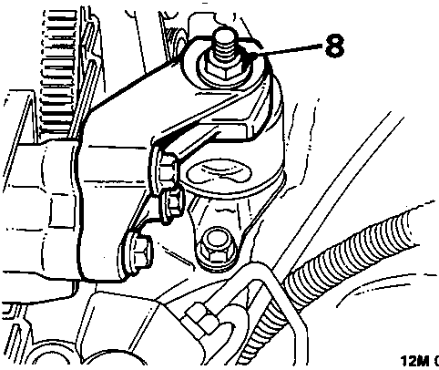 Diagram showing removal of nut from centre bolt in engine R.H. mounting, labeled 8.