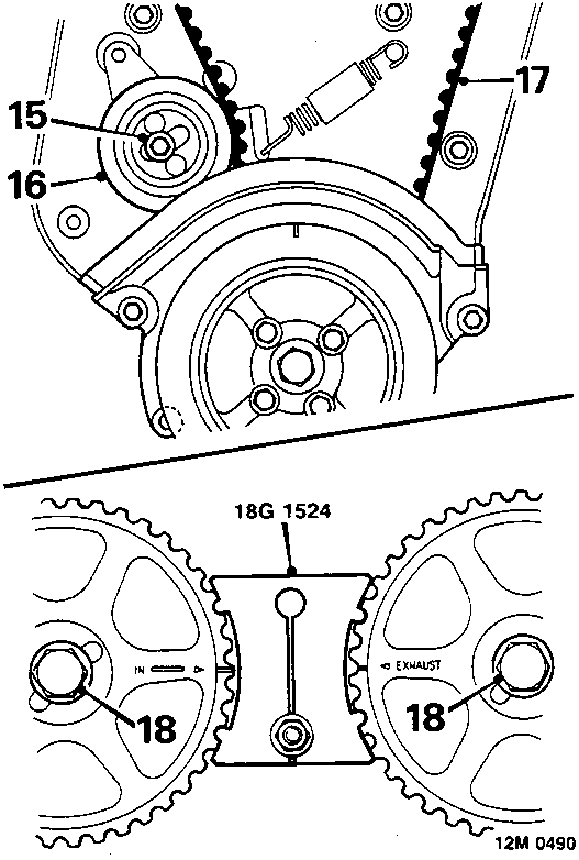 Diagram showing camshaft belt tensioner, camshaft gears with timing marks, and tool 18G 1524 in position. Callout numbers 15, 16, 17, 18 are visible.