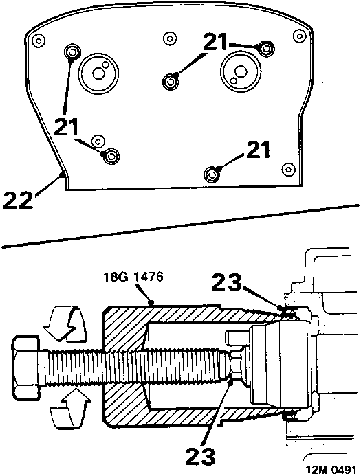 Diagram showing upper backplate with bolts (callout 21), backplate edge (callout 22), and cross-section of camshaft gear centre bolt being removed with seal using tool 18G 1476 (callout 23).