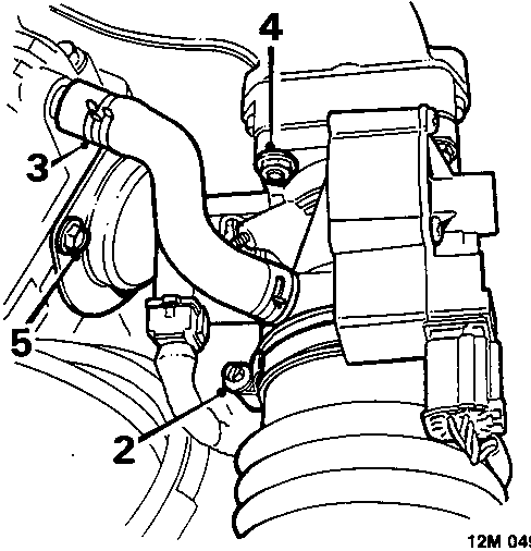 Diagram showing air intake hose, breather hose, throttle housing, and camshaft rear oil seal cover plate with callout numbers 2, 3, 4, and 5.