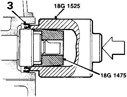 Diagram showing tool 18G 1525 fitting new seal on camshaft using tool 18G 1475