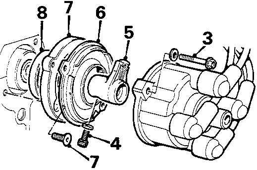 Diagram showing removal of distributor cap and related components with callout numbers 3, 4, 5, 6, 7, 8
