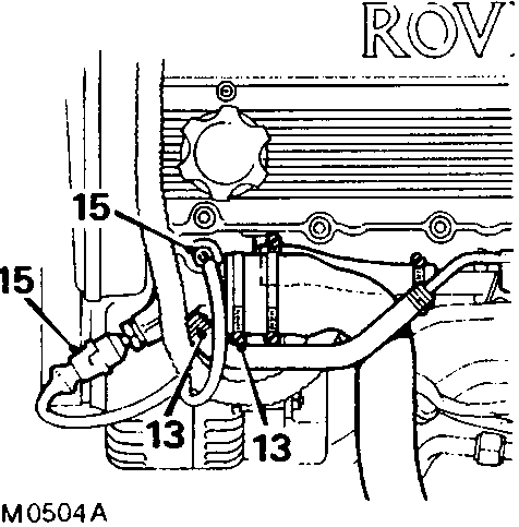 Diagram showing coolant hoses connected to the thermostat housing and air conditioning outlet elbow, with clips being slackened.