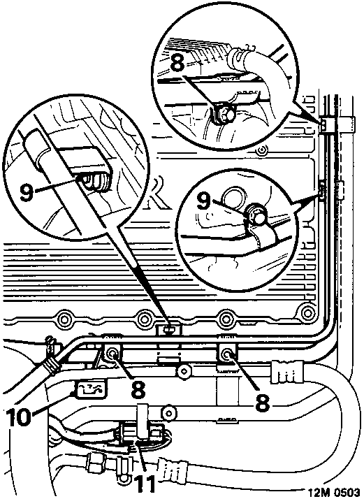 Diagram showing expansion tank rail bolts, coolant rail nut and bolt, dipstick tube, oxygen sensor multiplug, and air conditioning pipe multiplug release points on the engine.
