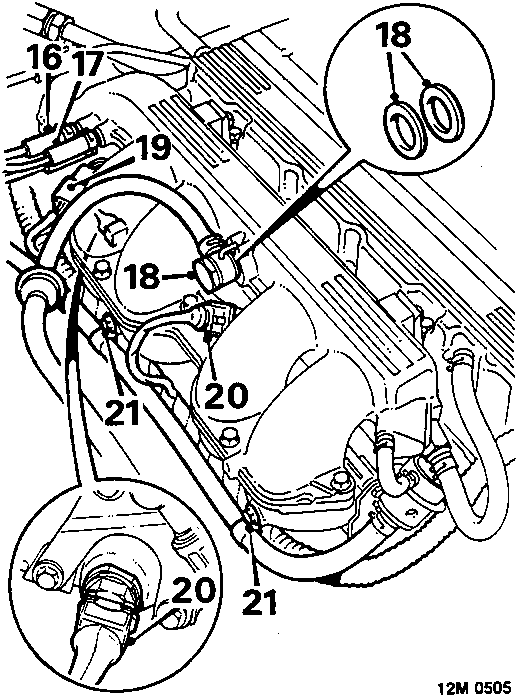 Diagram showing E.C.U. pressure sensing hose, vacuum hose, banjo bolt with sealing washers, injector harness multiplug, fuel and inlet air temperature sensor multiplugs, and harness bolts on the inlet manifold.