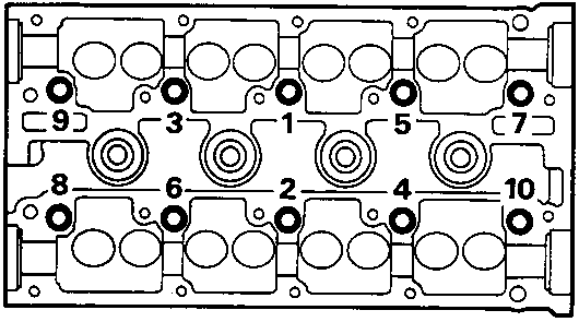 Diagram showing the progressive tightening sequence for cylinder head bolts, numbered 1 through 10.