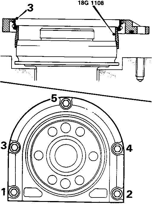 Diagram showing tool 18G 1108 fitted over crankshaft boss and oil seal housing bolt tightening sequence 1-5