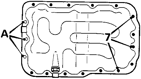 Diagram of sump gasket showing bolt positions A and 7