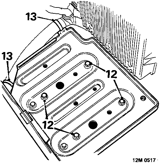 Diagram showing removal of battery tray secured by bolts labeled 12 and clips securing harness labeled 13.