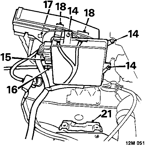 Diagram showing removal of E.C.U., fuse box, and battery tray support, with components labeled 14 through 21.