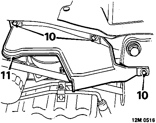 Diagram showing removal of R.H. splash shield secured by bolts labeled 10 and the shield itself labeled 11.
