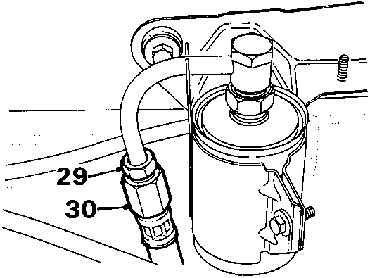 Diagram showing fuel filter with feed pipe and return hose connections, with callout numbers 29 and 30.
