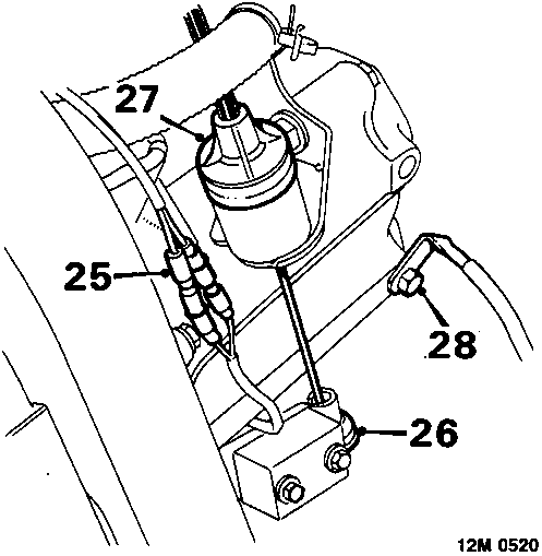 Diagram showing reverse lamp switch leads, clutch cable release lever, abutment bracket, and earth lead at the gearbox, with callout numbers 25, 26, 27, and 28.