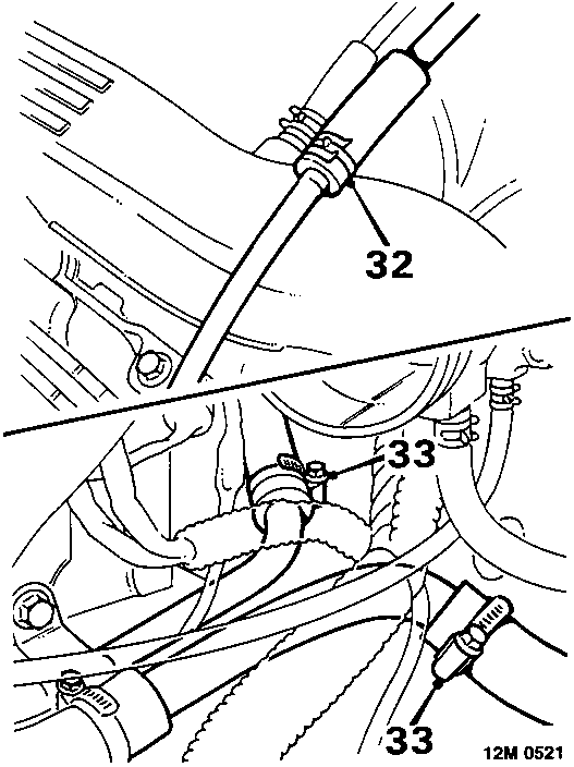 Diagram showing expansion tank hose connection at thermostat housing and heater hoses at coolant rail, with callout number 32 and two instances of 33.