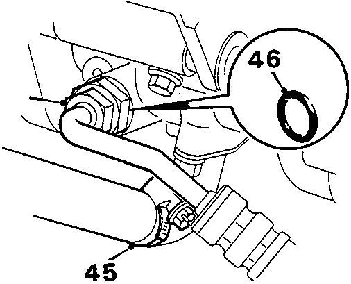 Diagram showing items 45 and 46, supply and high pressure hoses at the power steering pump