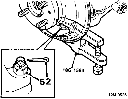 Diagram showing tool 18G 1584 attached to a lower ball joint, with callout 52 pointing to a split pin and nut on the L.H. side.