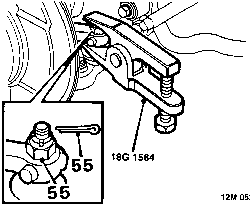 Diagram showing tool 18G 1584 attached to a track rod ball joint, with callouts 55 pointing to a split pin and nut on the L.H. side.