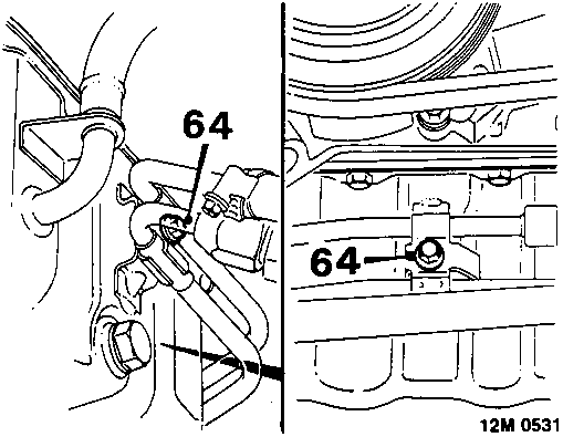 Diagram showing power steering pipes secured to sump brackets, with callout 64 pointing to the bolts securing them.
