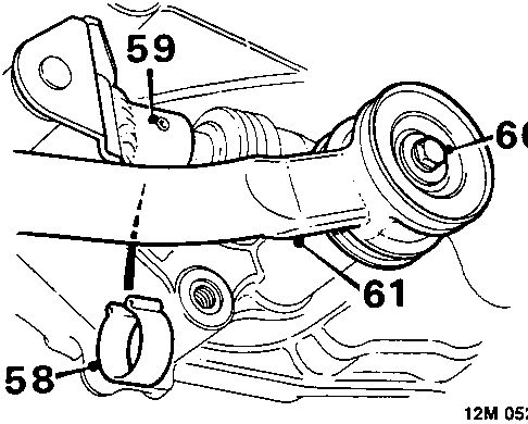Diagram of the gear change steady bar and selector rod assembly, with callouts 58 (clip), 59 (roll pin), 60 (bolt), and 61 (steady bar/selector rod release point).