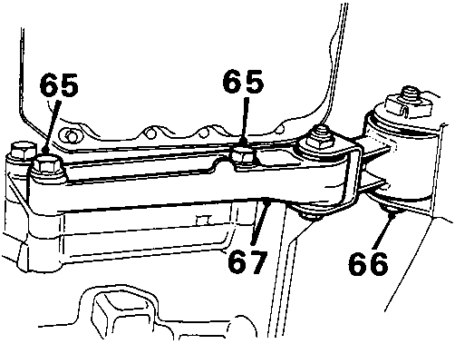 Diagram showing lower tie rod bracket and bolts securing to gearbox and sub-frame, with callout numbers 65, 66, 67