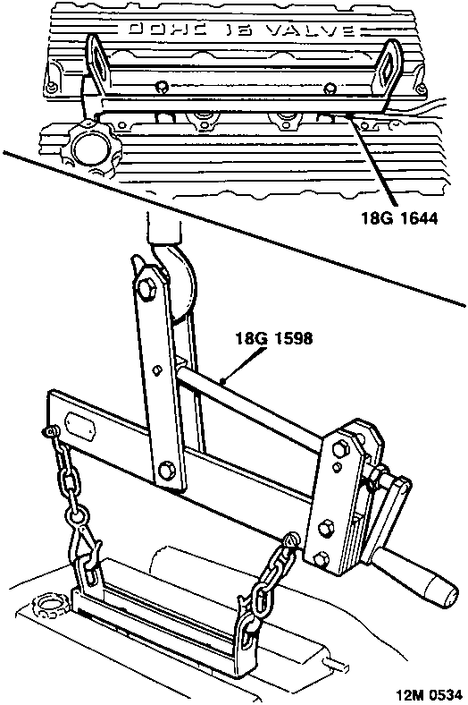 Diagram showing engine lifting tool 18G 1598 attached to tool 18G 1644 on cylinder head, connected to hoist chain