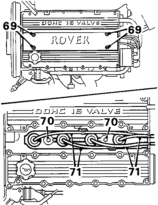 Diagram showing spark plug cover removal, lead retaining plate, and H.T. leads with callout numbers 69, 70, 71