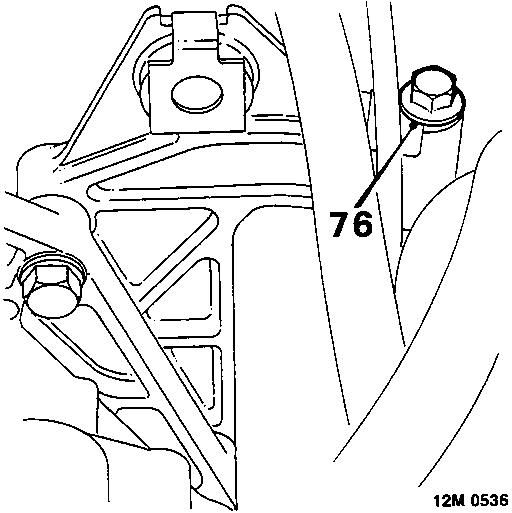 Diagram showing bolt securing engine rear mounting bracket to mounting rubber, labeled 76