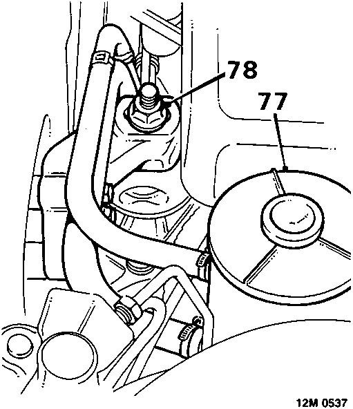 Diagram showing power steering reservoir and engine R.H. mounting bracket, labeled 77 and 78