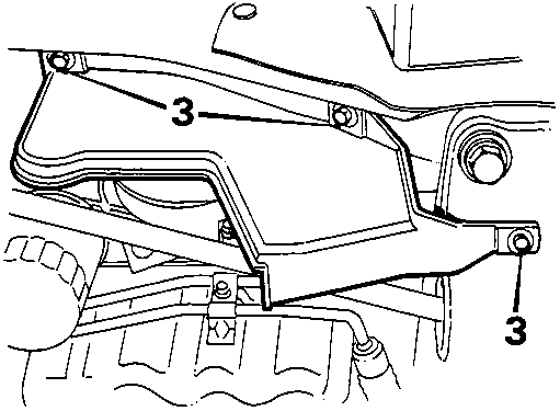 Diagram showing the location of three bolts securing the R.H. splash shield on the engine assembly