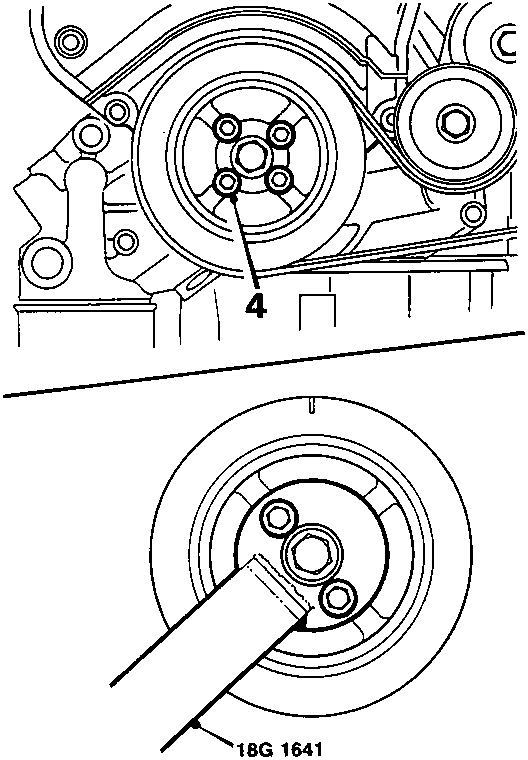 Diagram showing four bolts on the crankshaft pulley and tool 18G 1641 being fitted to the pulley using two of the bolts