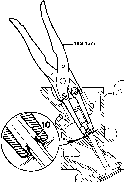 Diagram showing tool 18G 1577 being used to remove valve stem oil seal (callout 10)