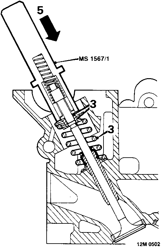 Diagram showing tool MS 1567/1 being struck with a hammer (5) to seat valve spring cap and collets (3) on a cylinder head, reference 12M.0502