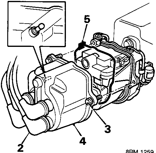 Diagram of distributor cap assembly showing numbered components 2, 3, 4, and 5 with an inset detail view
