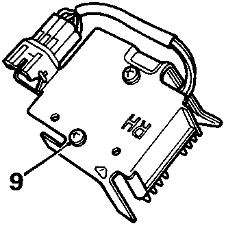 Diagram of a rectangular electronic component (throttle position sensor) with an electrical connector on top and a mounting bracket at the bottom, labeled with callout number 9.